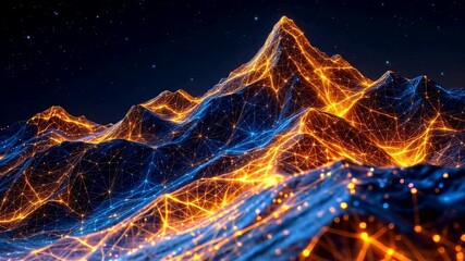 Poster - Dynamic neon mountain landscape with glowing grid patterns in night sky
