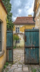 Wall Mural - Rustic Open Gate Leading to Quaint Courtyard in Historic Village