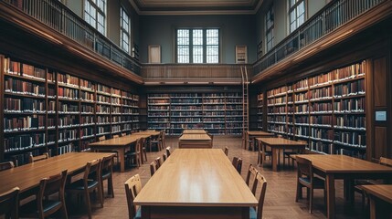 Poster - Elegant Library Interior with Wooden Tables and Tall Bookshelves