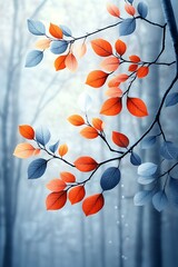 Wall Mural - Colorful leaves on branch over misty forest. Autumnal design asset, background for seasonal promotion