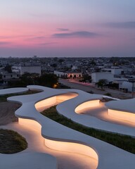 Wall Mural - Curvy Architecture Illuminated rooftop platform overlooks cityscape at dusk. For design inspiration