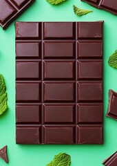 Wall Mural - Dark chocolate bar with mint leaves background. For recipe, dessert, gift, treat visuals