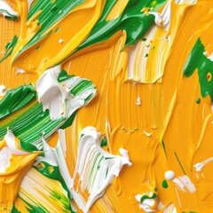 Poster - A vibrant, abstract composition featuring bold strokes of yellow, green, and white paint, creating a dynamic texture.