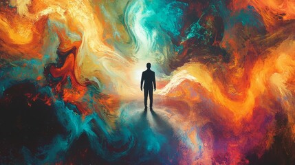 Poster - Man Silhouetted Against Vibrant Abstract Colorful Swirl Background