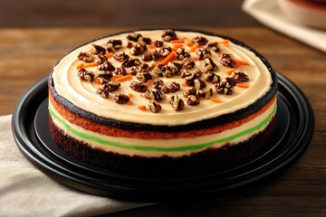 Canvas Print - Dessert cake layers topped nuts, creamy frosting. Wooden table, food photography, restaurant use