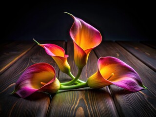 Wall Mural - Three calla lilies, stunningly detailed, command attention in this captivating macro photograph on black wood.