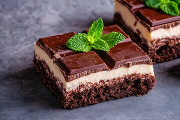 Wall Mural - Dessert square with mint garnish on stone table, baked goods