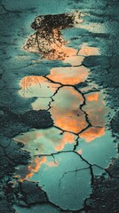 Poster - Reflection of Vibrant Sky in Puddle on Cracked Ground Surface