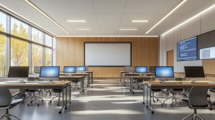 Poster - a modern classroom featuring multiple workstations with computers, large windows, and a prominent pr