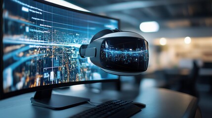 Poster - a futuristic workspace featuring a vr headset hovering above a computer monitor displaying digital d