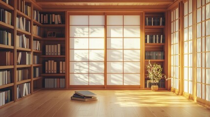 Wall Mural - Tranquil Zen Library with Natural Light and Minimalist Design