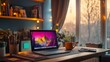 © 9BEi - Cozy Home Office Workspace with Laptop and Sunset View