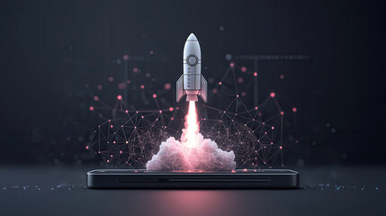 Fototapete - 3D rendered rocket blasting off from smartphone, symbolizing innovation and technology. scene features vibrant colors and dynamic elements, evoking excitement and progress