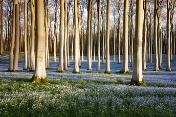 Poster - Forest floor covered in flowers. Trees line the horizon. Background for wallpaper or serene landscapes