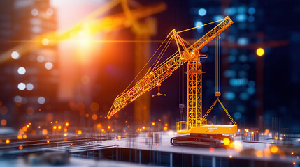 Aufkleber - Autonomous AI driven construction site featuring robotic crane, showcasing advanced technology and innovation in urban development. scene is illuminated with vibrant lights