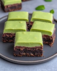 Wall Mural - Frosted brownies on plate, displayed dessert, with blurred baked goods, used for recipe inspiration