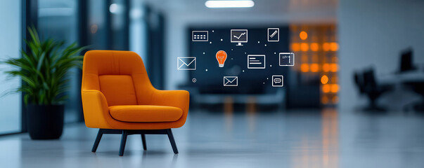 Aufkleber - modern orange chair in spacious office environment, surrounded by digital icons representing busines