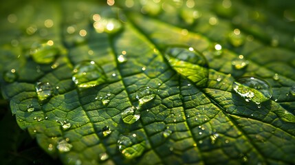 Poster - Close-up of raindrops sliding down the textured surface of a vibrant green leaf, their glistening surfaces refracting soft natural light