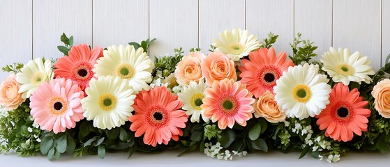 Wall Mural - Gerbera daisies and roses on white wooden background. For events or spring related projects