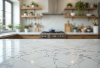 Wall Mural - Selective focus,Marble table top on blur white kitchen room background. For montage product display or design key visual layout 