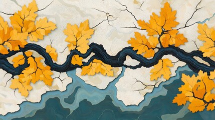 Wall Mural - Golden leaves grow on cracked earth above water.  Great for wallpaper or abstract illustration use