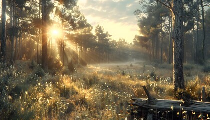 Poster - A peaceful forest clearing illuminated by golden morning light, with wildflowers scattered across the grass and tall trees framing the tranquil scene