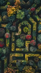Aufkleber - Overhead shot of a vibrant garden maze with symmetrical hedges and colorful flowerbeds forming intricate patterns under the afternoon light