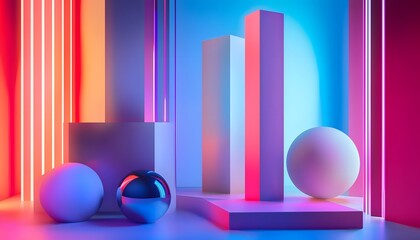 Aufkleber - An abstract landscape of shifting geometric shapes, with vibrant neon colors and reflective surfaces creating a futuristic and surreal environment