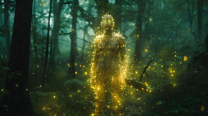 Aufkleber - A surreal figure made entirely of fireflies, standing in a dark forest illuminated by glowing bioluminescence and soft ethereal light