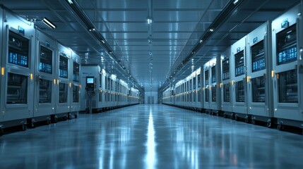 Poster - Modern Industrial Data Center Interior with Rows of Server Racks