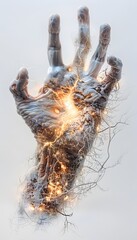 Poster - A floating hand made of shimmering glass, with cracks that reveal glowing golden light within, suspended in an endless reflective space