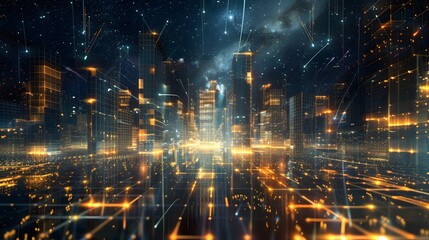 Aufkleber - An abstract representation of a cityscape, with glowing gridlines forming buildings in a vast digital space surrounded by endless stars