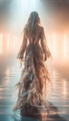 Aufkleber - A runway model in a futuristic metallic gown walking down a reflective catwalk, with glowing neon lights and a dynamic urban backdrop