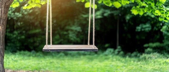 Wall Mural - a serene swing hangs from a tree in a lush green setting, inviting peaceful moments and childhood me