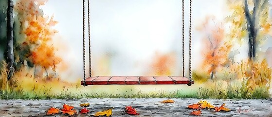 Wall Mural - A serene swing hangs amidst colorful autumn foliage, evoking a sense of nostalgia and tranquility in a peaceful outdoor setting.