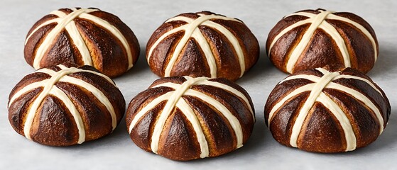 Hot cross buns arranged on a counter in a bakery. Isolated for Easter holiday use