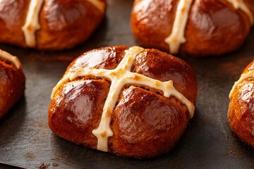 Wall Mural - Hot cross buns baking on a metal tray, other baked buns blurred in background. Easter treat