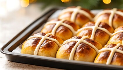 Wall Mural - Hot cross buns on a baking tray, lights bokeh in the background, for recipe blogs/cooking demos