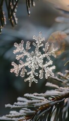 Aufkleber - Close-up detail of a snowflake resting delicately on a pine branch, with the intricate icy pattern illuminated by soft winter light