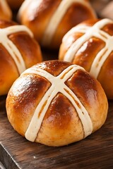 Wall Mural - Hot Cross Buns Easter tradition, arranged on wood board. Freshly baked treats for family breakfast