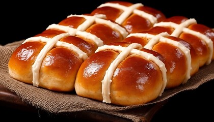 Canvas Print - Hot cross buns on burlap, on wood. Holiday treats baking background. Easter breakfast baking concept