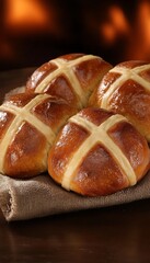 Wall Mural - Hot cross buns on cloth, near fireplace. Use Easter promotion, baking recipes