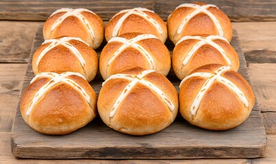 Wall Mural - Hot cross buns sit on wood for Easter, ready to be eaten. Baked & holiday themed use