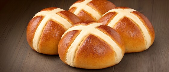 Wall Mural - Hot Cross Buns stacked on wood surface for Easter season; background blurry. For bakery promotions