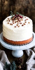 Wall Mural - Iced cake with nuts on marble stand, decorated for a holiday party with wood background, pine cones, draped linen