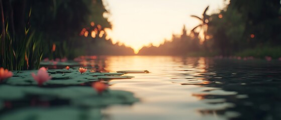 Poster - Lily pads float on river at sunset; trees line banks. Dreamy, peaceful