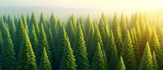 Poster - Lush evergreens in dense forest with rising fog & sunlight, for environmental awareness or outdoor adventure