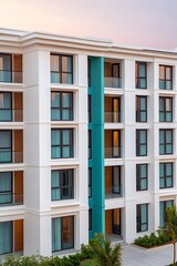 Canvas Print - Modern apartment building facade at dawn, turquoise accent, tropical garden