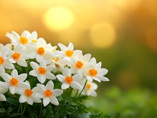 Poster - Narcissus blooms, close-up, sunset bokeh. Use gardening, spring events