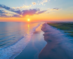 Canvas Print - Ocean waves washing sand at sunset. Coastal grasses. Vacation backdrop, peaceful ad